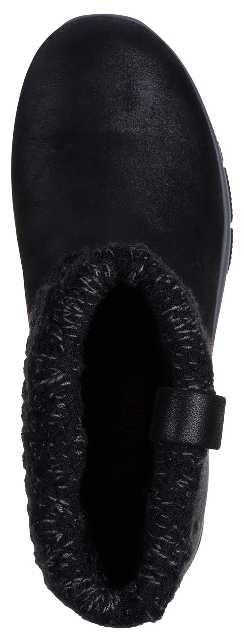 A top-down view of a black, ankle-high boot with a rounded toe and a fuzzy, textured black faux-fur collar.