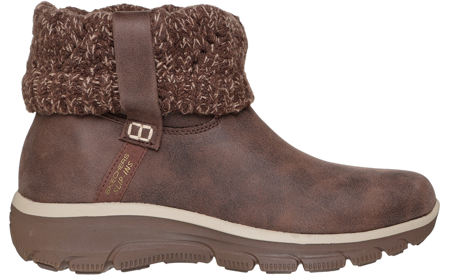 Brown ankle boot featuring a thick knit cuff and buckle.