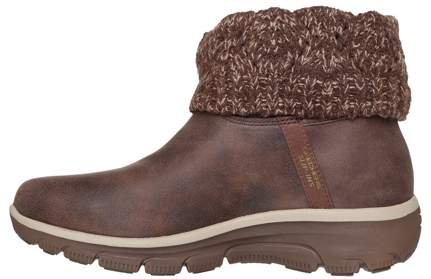 Side view of a brown ankle boot with a thick, textured, knitted cuff
