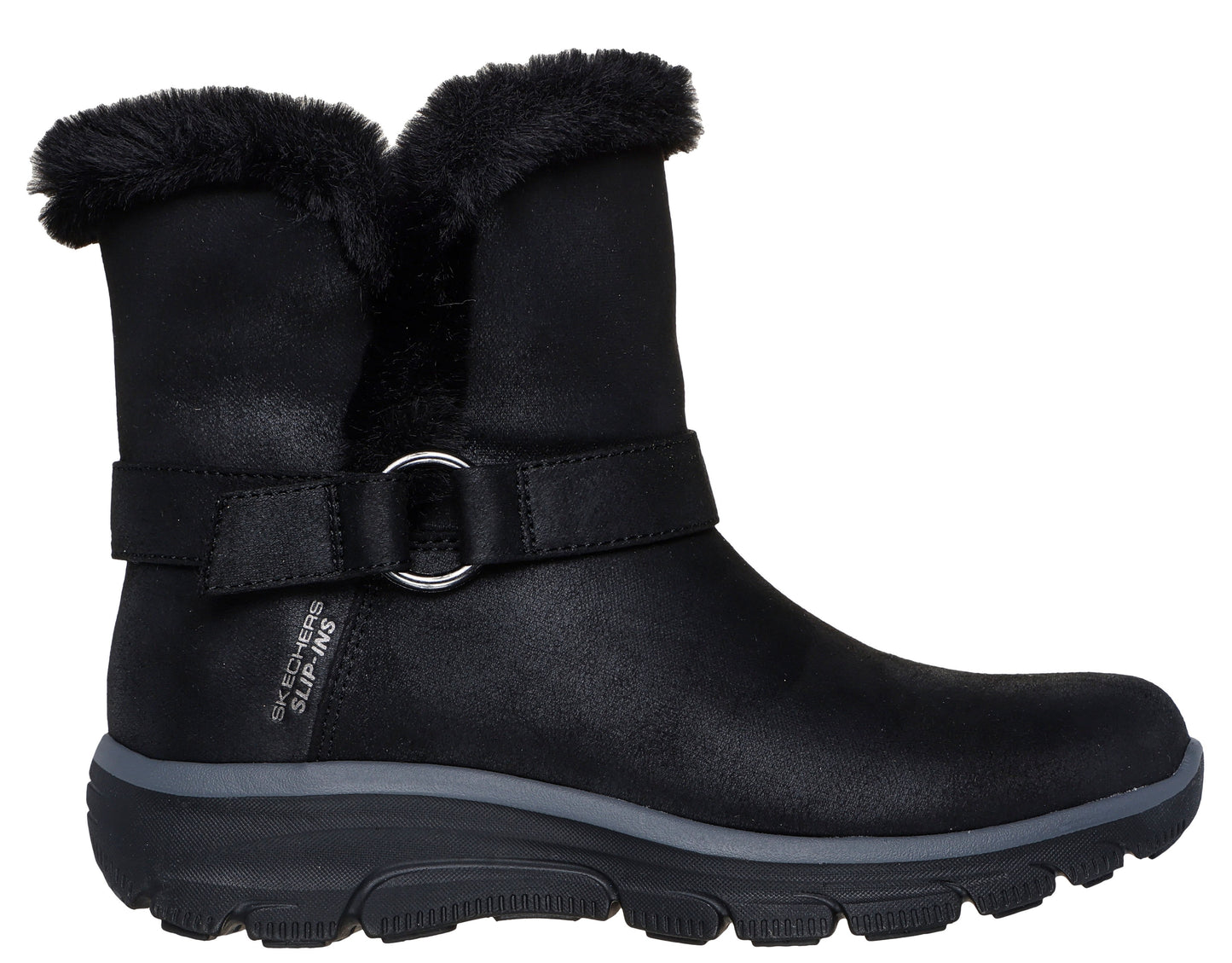 Black slip-on boot with a furry top and a buckle strap.
