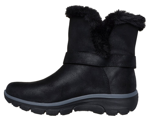 Black mid-calf boot with a faux fur trim and velcro strap.