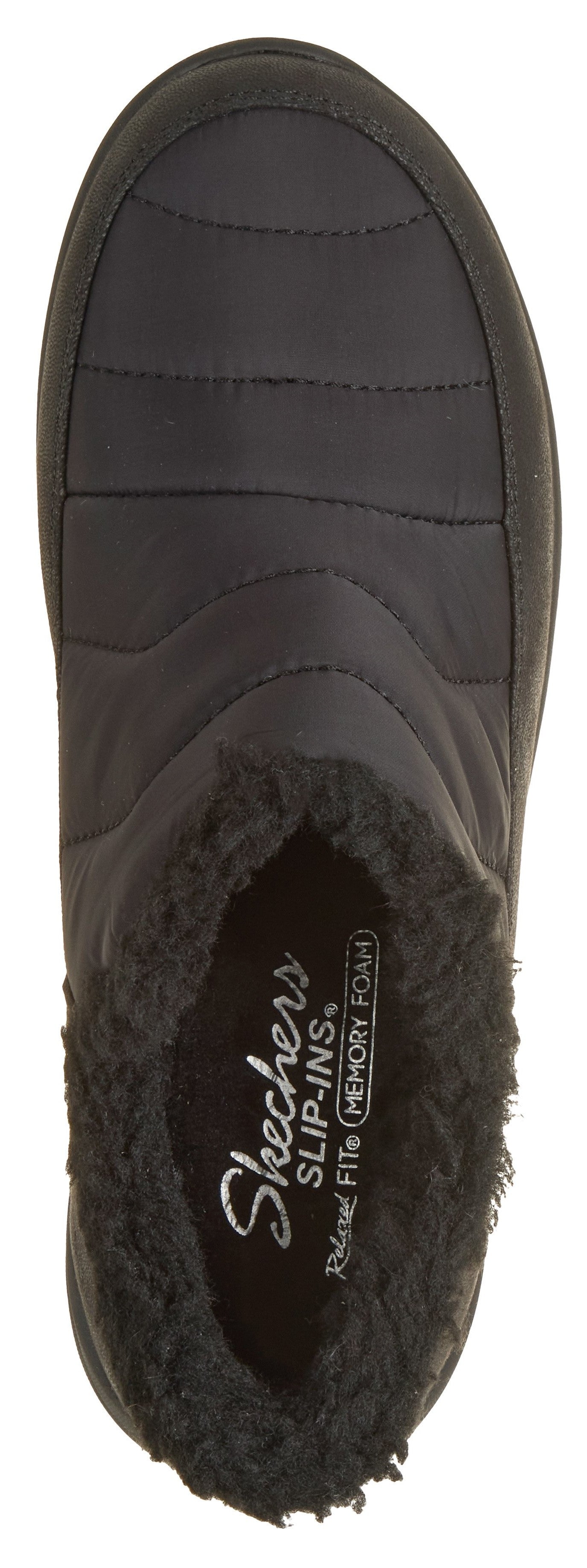 A top-down view of a black, slip-on, quilted ankle boot featuring a fluffy black faux fur collar and an interior insole printed with 'Skechers Slip-ins Relaxed Fit Memory Foam'.