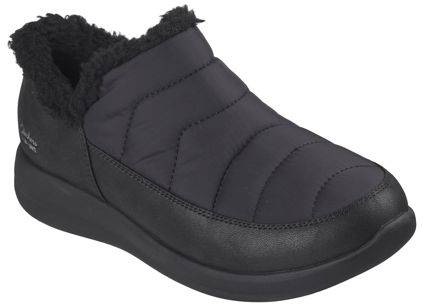 A black, slip-on winter ankle boot featuring a quilted, padded upper, a plush faux-fur collar, and a thick, solid-colored rubber sole.