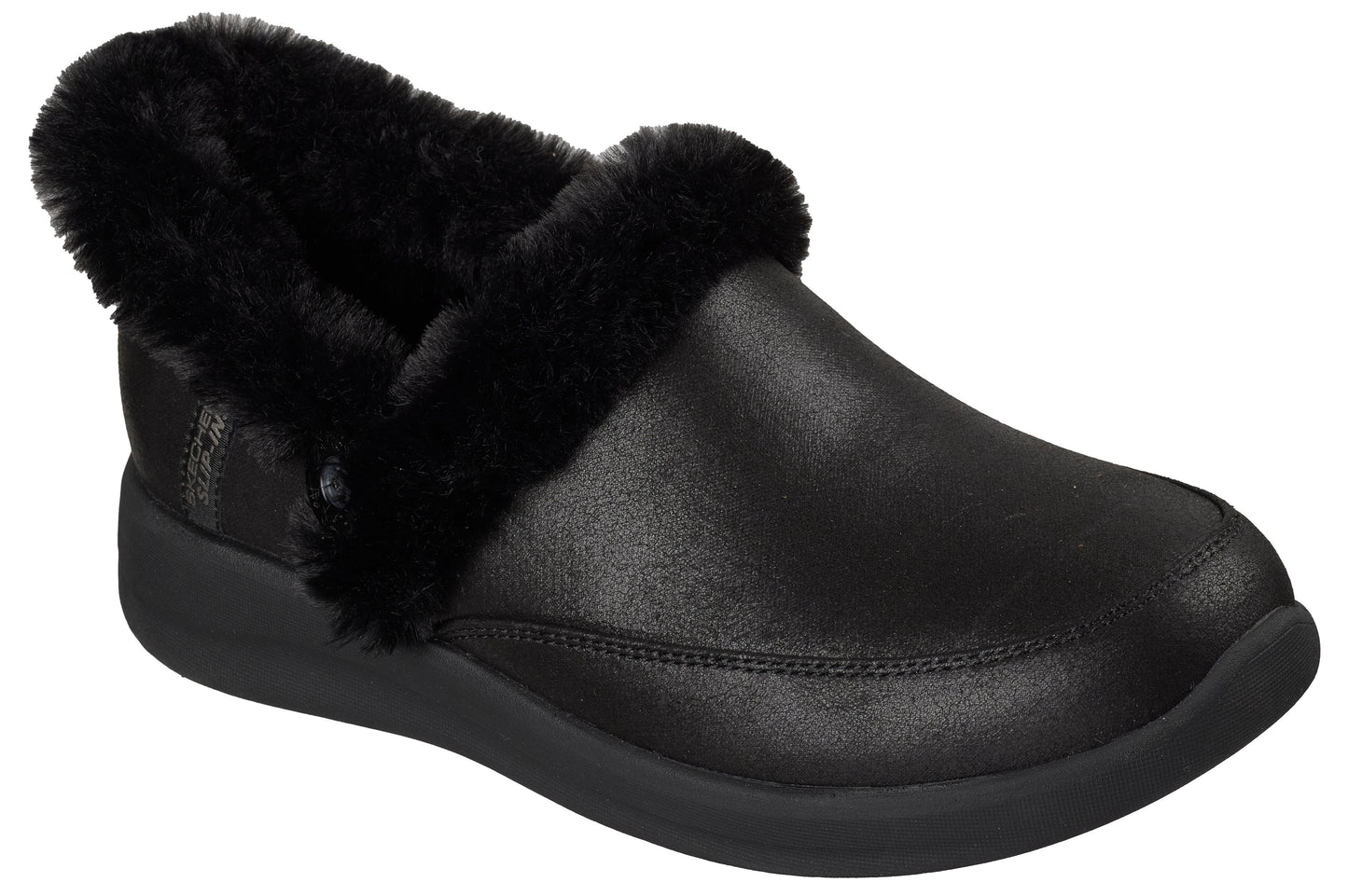 Black slipper with faux fur trim.