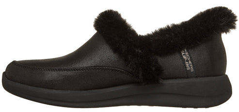 Black slip-on shoe with faux fur trim.