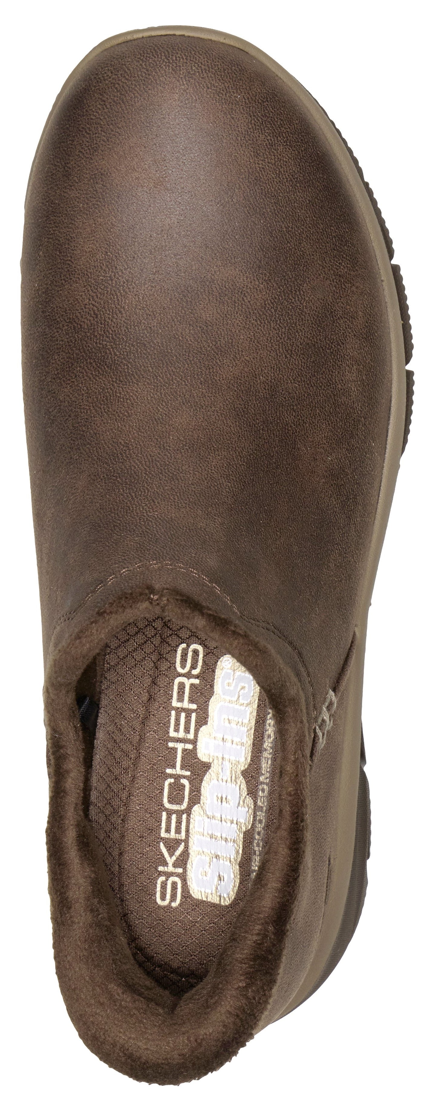 A brown slip-on shoe with a round toe and faux fur lining, viewed from directly above.