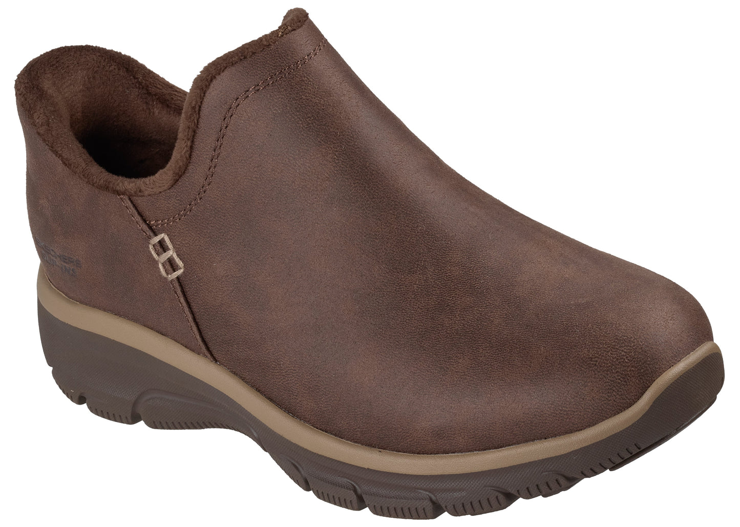 A brown, slip-on comfort shoe with a soft, fuzzy-lined collar, a rounded toe, and a thick, layered, dark brown and tan rubber outsole.