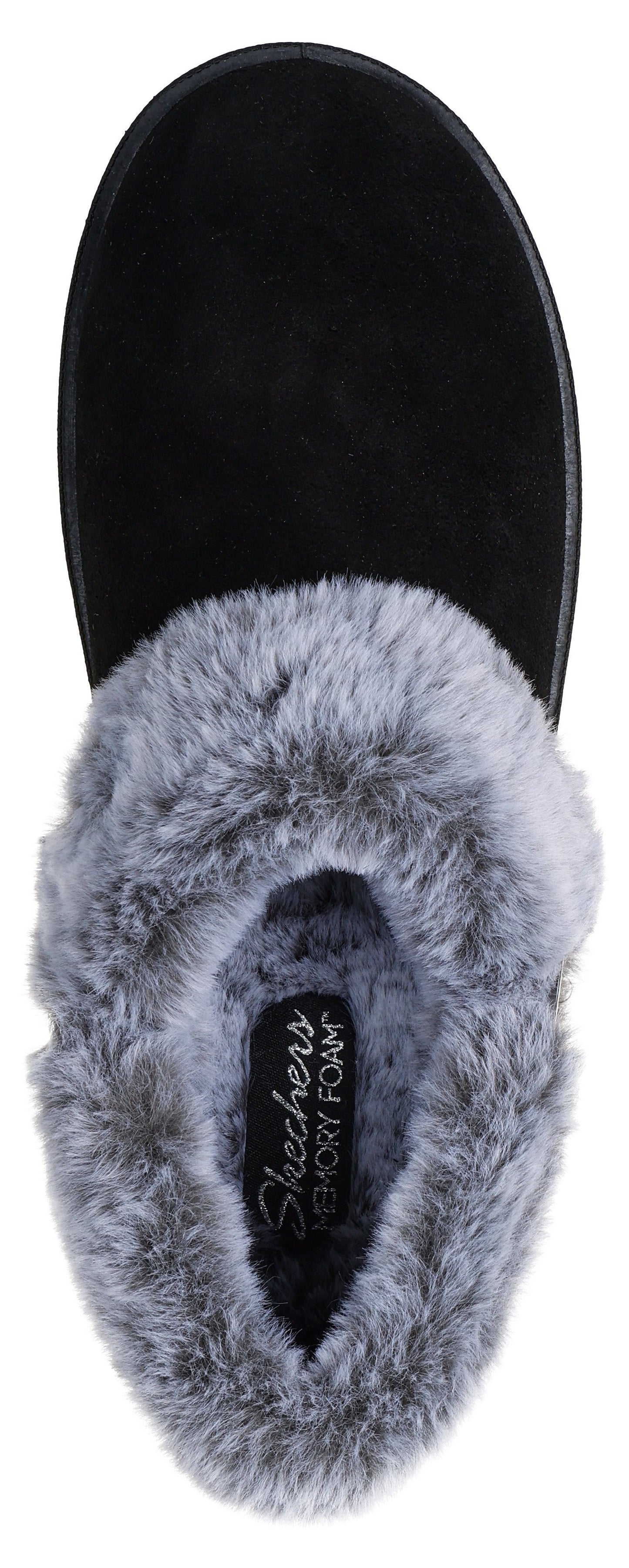 A black slip-on slipper with a grey faux-fur lining and collar, shown from a top-down perspective, with the interior footbed label reading 'Skechers Memory Foam'.
