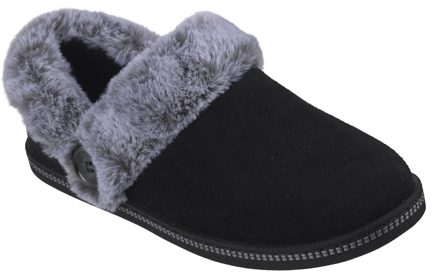 A black suede slipper with a gray faux fur collar and a single button on the side.