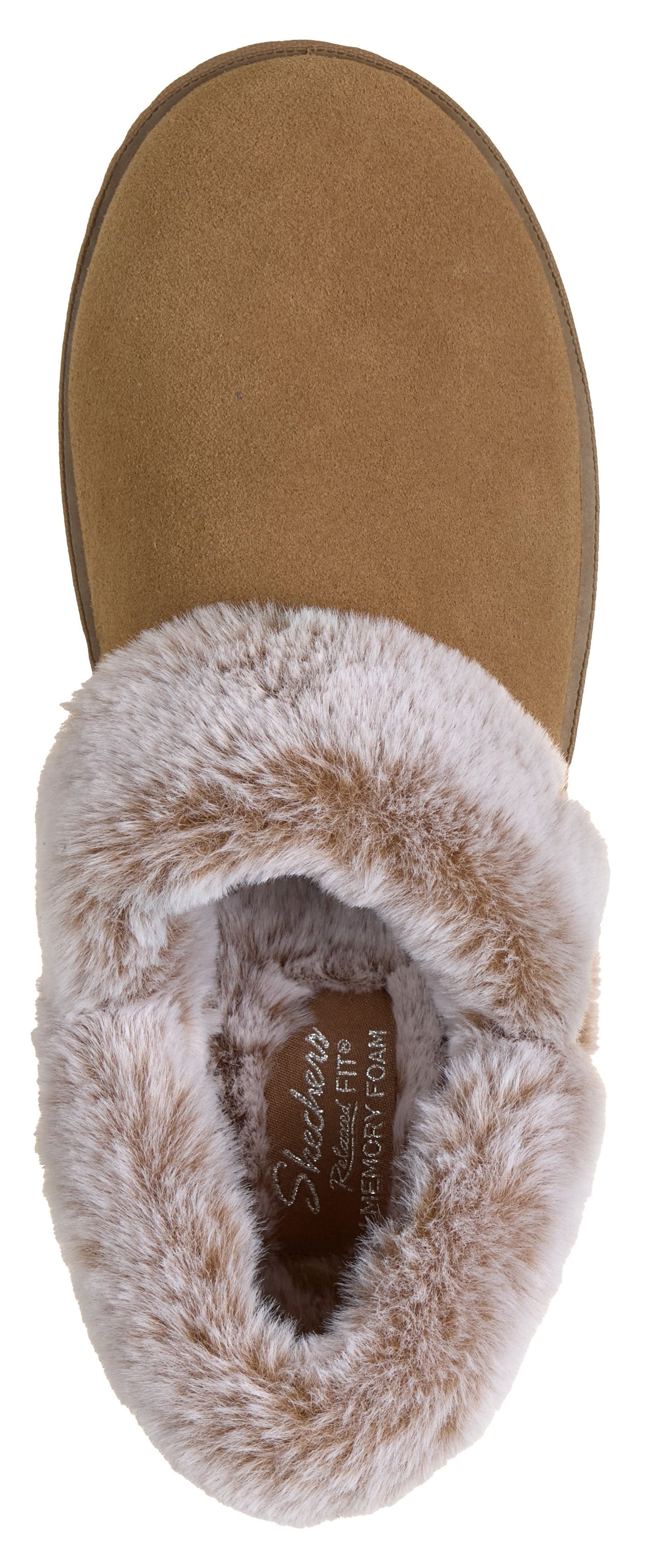 A tan suede slipper viewed from directly above, featuring a soft, grey faux fur lining and a branded footbed with the text Relaxed Fit Memory Foam.