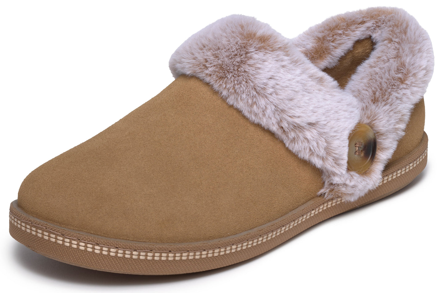 A tan suede slipper with a plush faux-fur collar and a decorative side button.