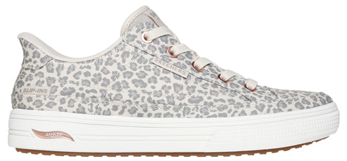 A gray and white animal-print low-top sneaker with light pink laces.