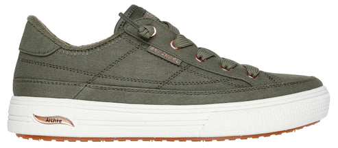 An olive-green, low-top sneaker with white soles and copper-colored eyelets.