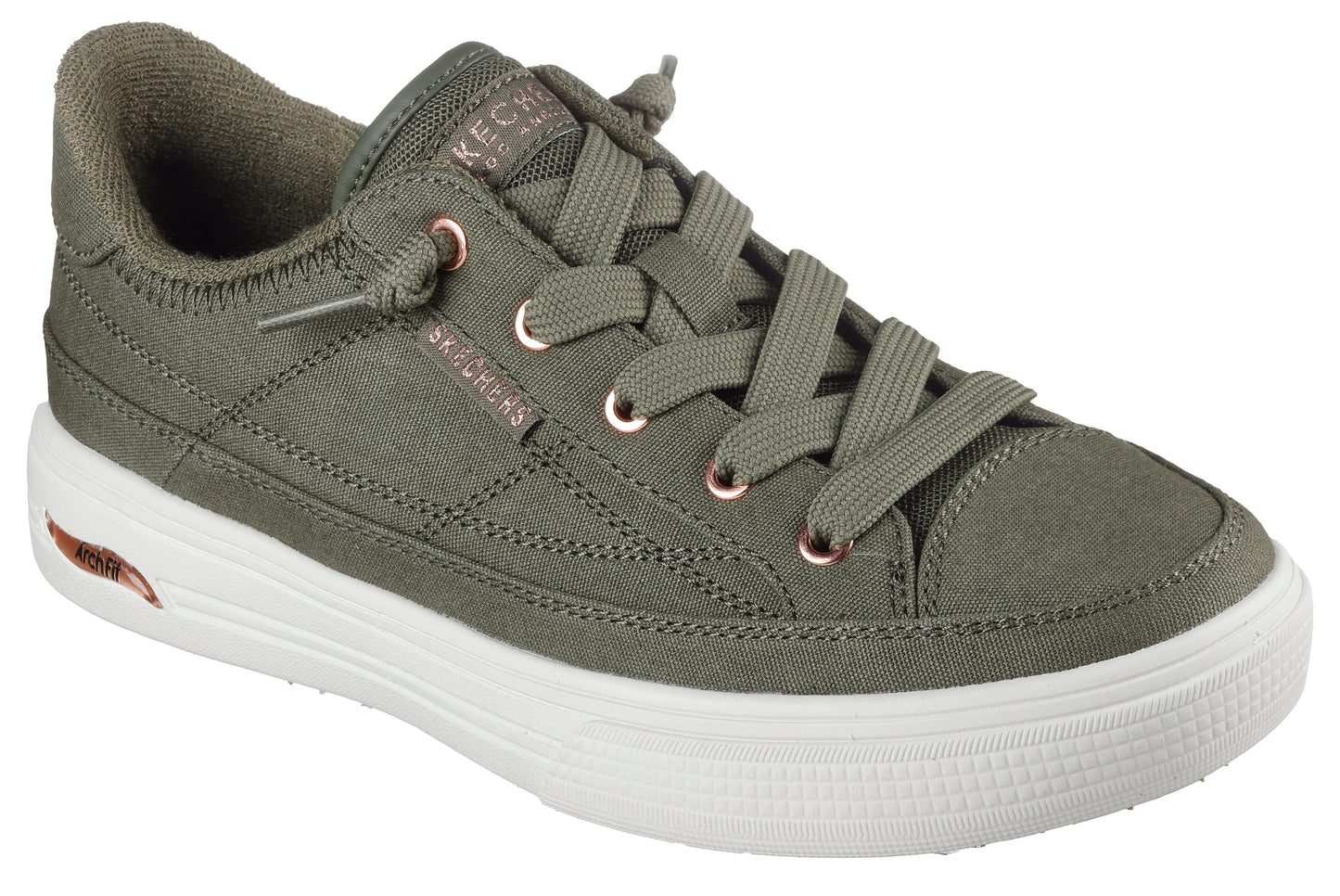 Olive green canvas sneaker with copper eyelets, white sole, and elasticized laces.