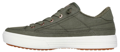 An olive green canvas sneaker with white midsole.