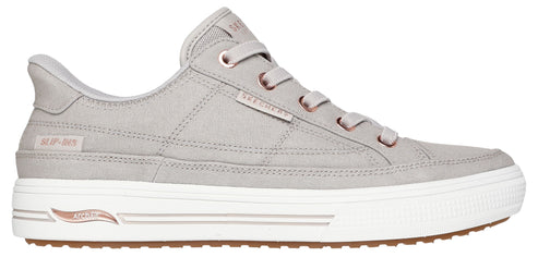 A light grey sneaker with white sole and brown gum bottom.