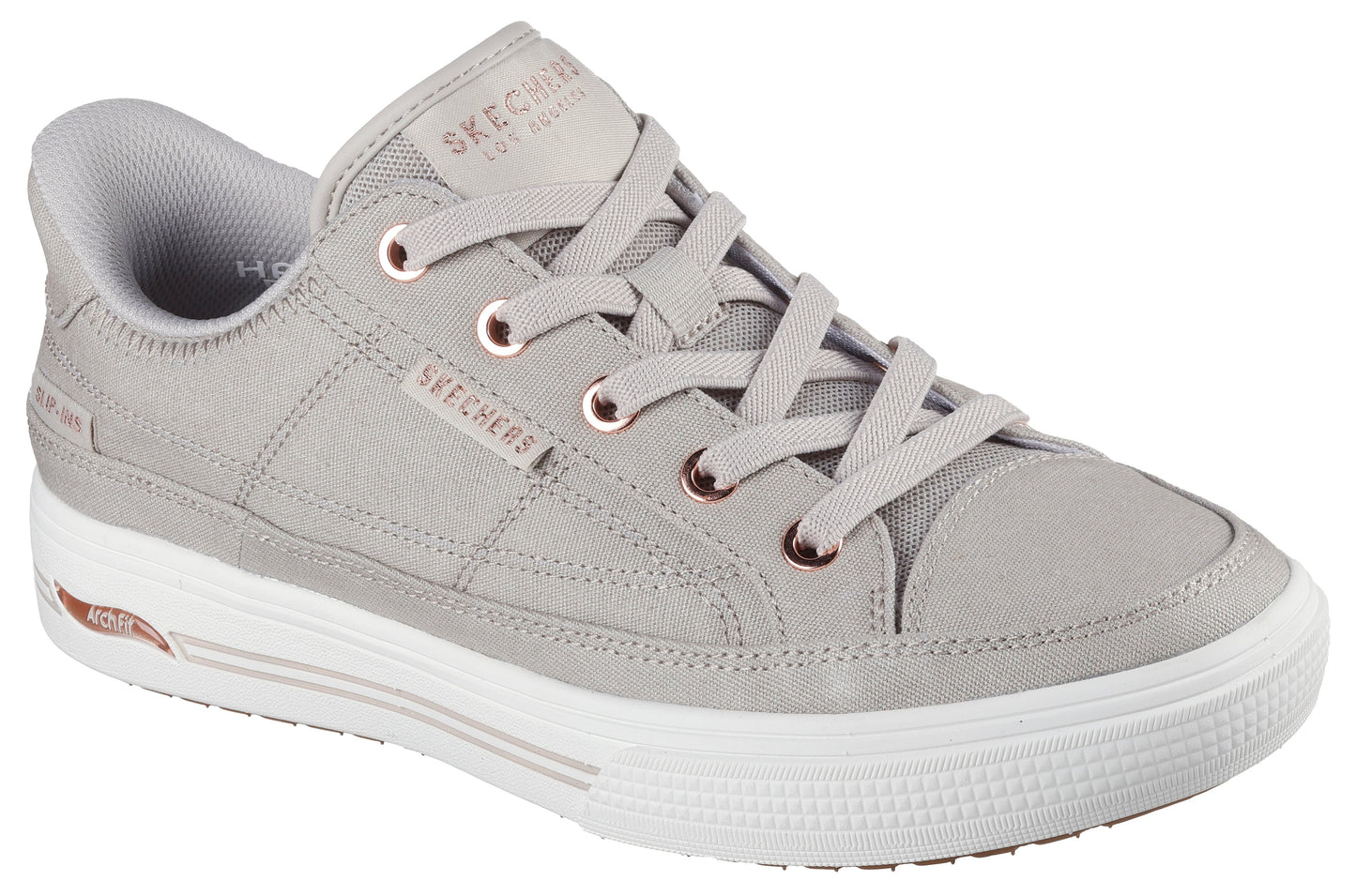 Low-top grey sneaker with light-grey laces and white sole featuring metallic eyelets and subtle geometric stitch patterns.