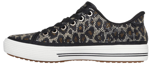 A leopard-print shoe with black laces and a white sole.