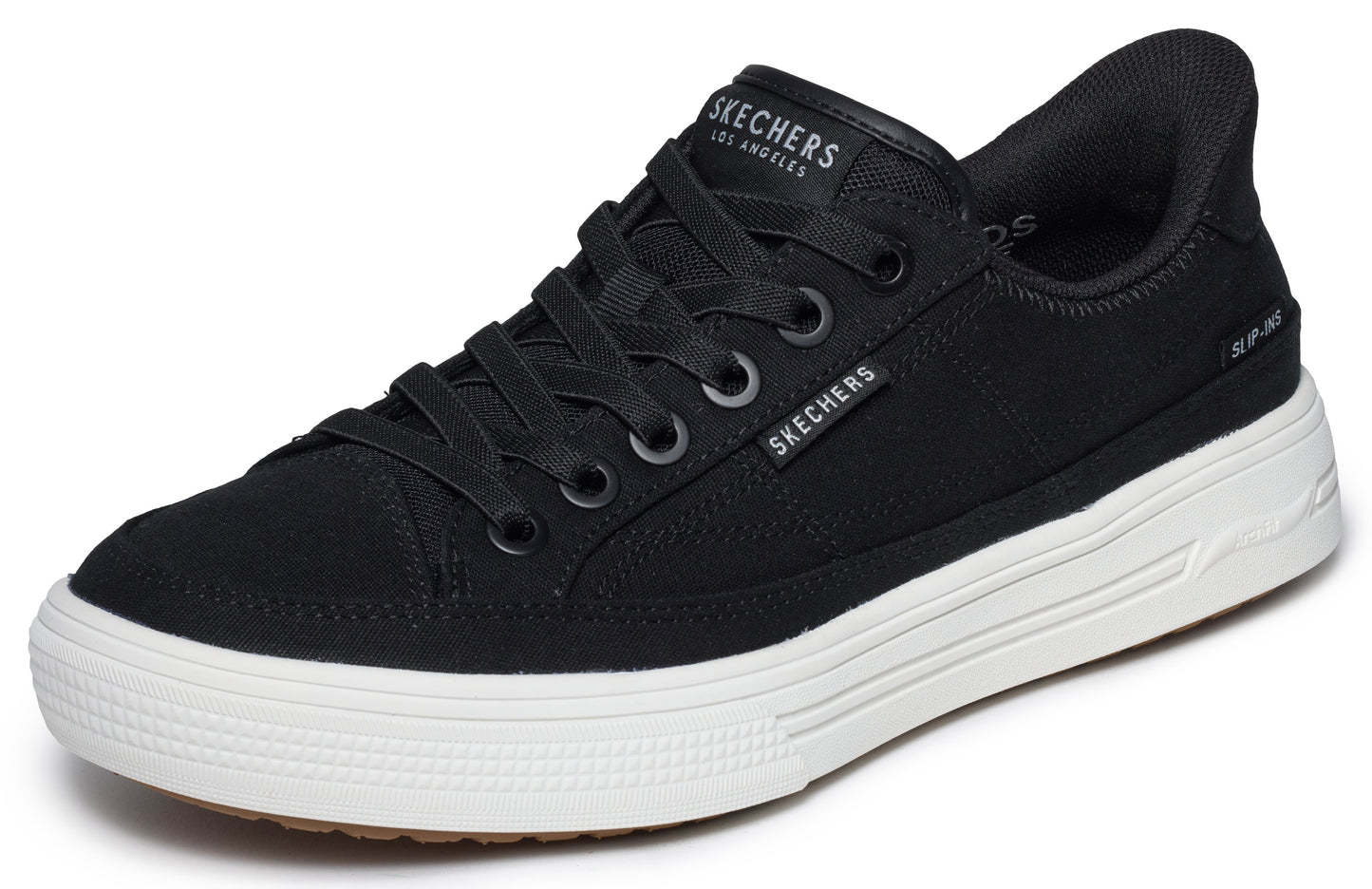 Low-top black sneaker with white platform sole, black laces, and 'SKECHERS' logo on the side.