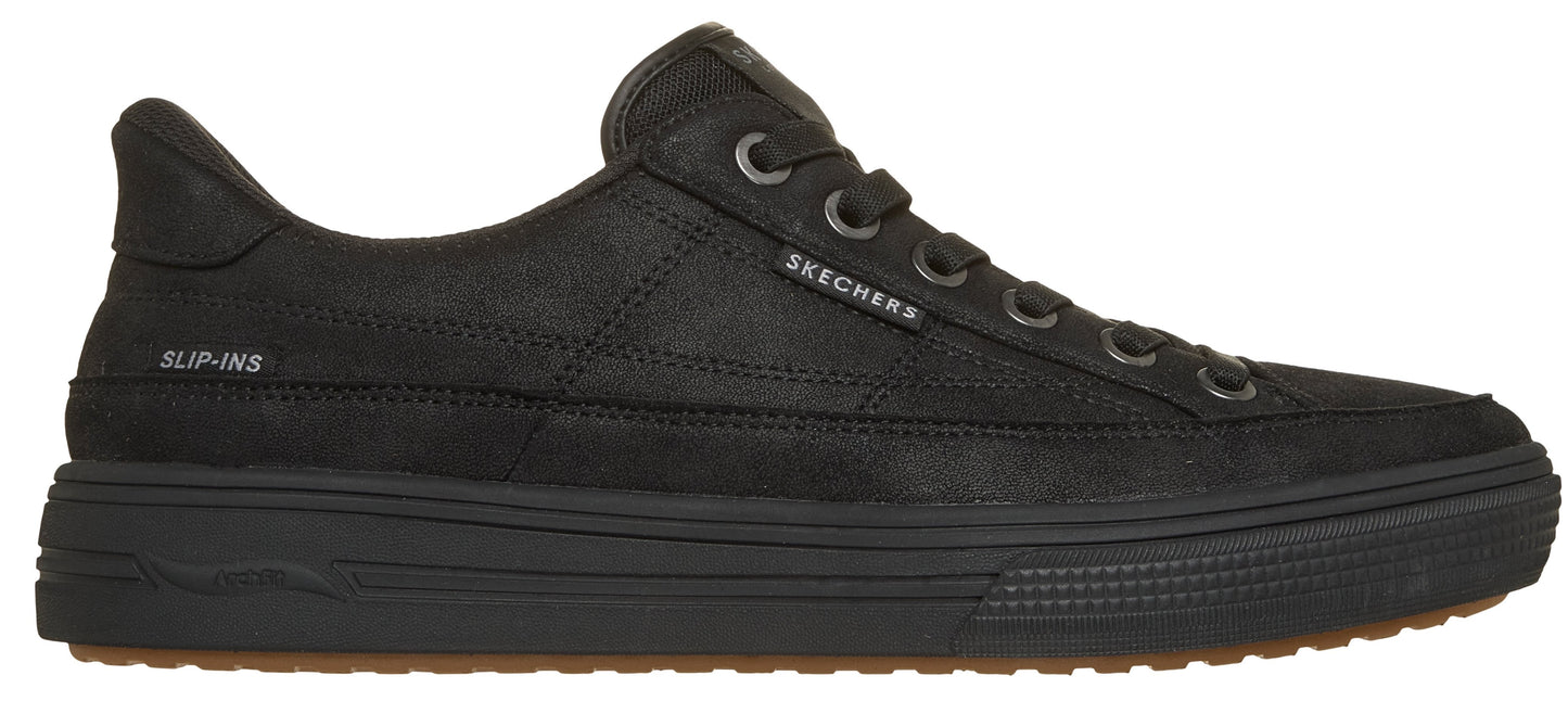 A black Skechers Slip-ins low-top casual sneaker with tonal laces, a structured midsole, and a dark brown textured rubber outsole.