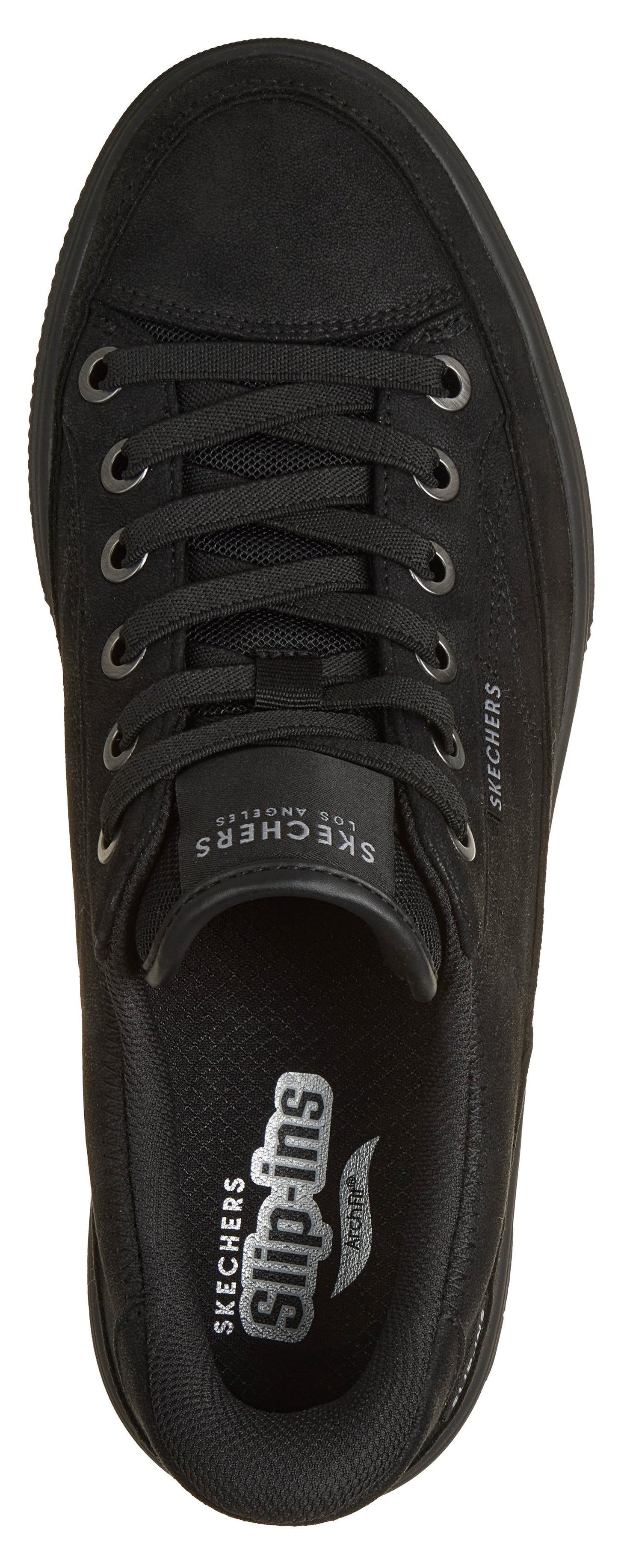 A top-down view of a black, lace-up casual sneaker with a rounded toe, featuring the text 'SKECHERS' on the tongue, 'SKECHERS' on the side, and 'SKECHERS slip-ins' printed inside the heel.
