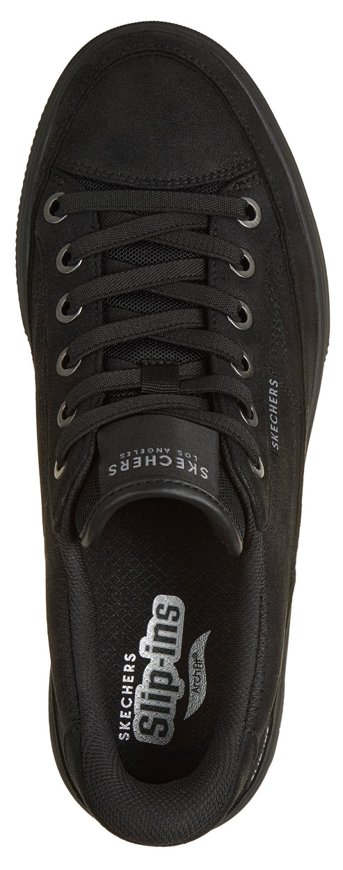 A top-down view of a black, lace-up casual sneaker with a rounded toe, featuring the text 'SKECHERS' on the tongue, 'SKECHERS' on the side, and 'SKECHERS slip-ins' printed inside the heel.