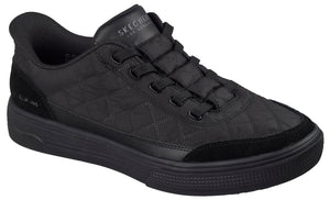 A black Skechers Los Angeles Slip-ins sneaker featuring a quilted pattern on the upper, suede-like overlays on the toe and heel, and elastic laces.