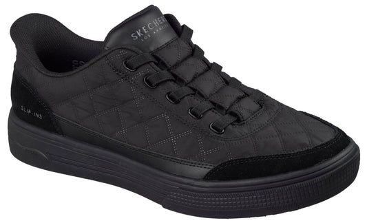A black Skechers Los Angeles Slip-ins sneaker featuring a quilted pattern on the upper, suede-like overlays on the toe and heel, and elastic laces.