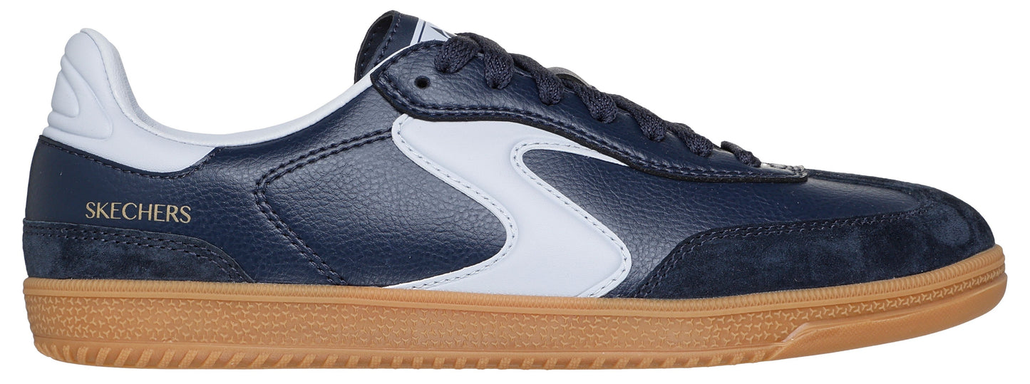 A blue and white sneaker with a tan sole. The word "SKECHERS" is visible on the side.