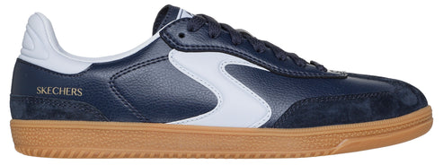 A blue and white sneaker with a tan sole. The word "SKECHERS" is visible on the side.