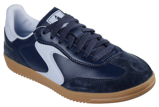Navy blue indoor soccer shoe with white accent and gum sole.
