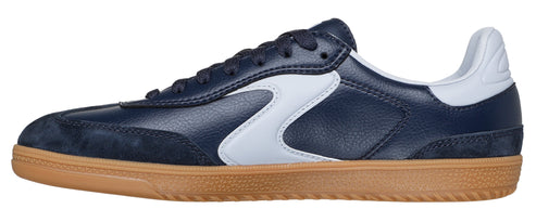 Navy and white indoor soccer shoe with a gum sole.