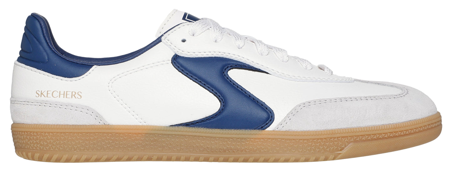A white sneaker with blue detailing and tan soles.