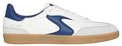 A white sneaker with blue detailing and tan soles.