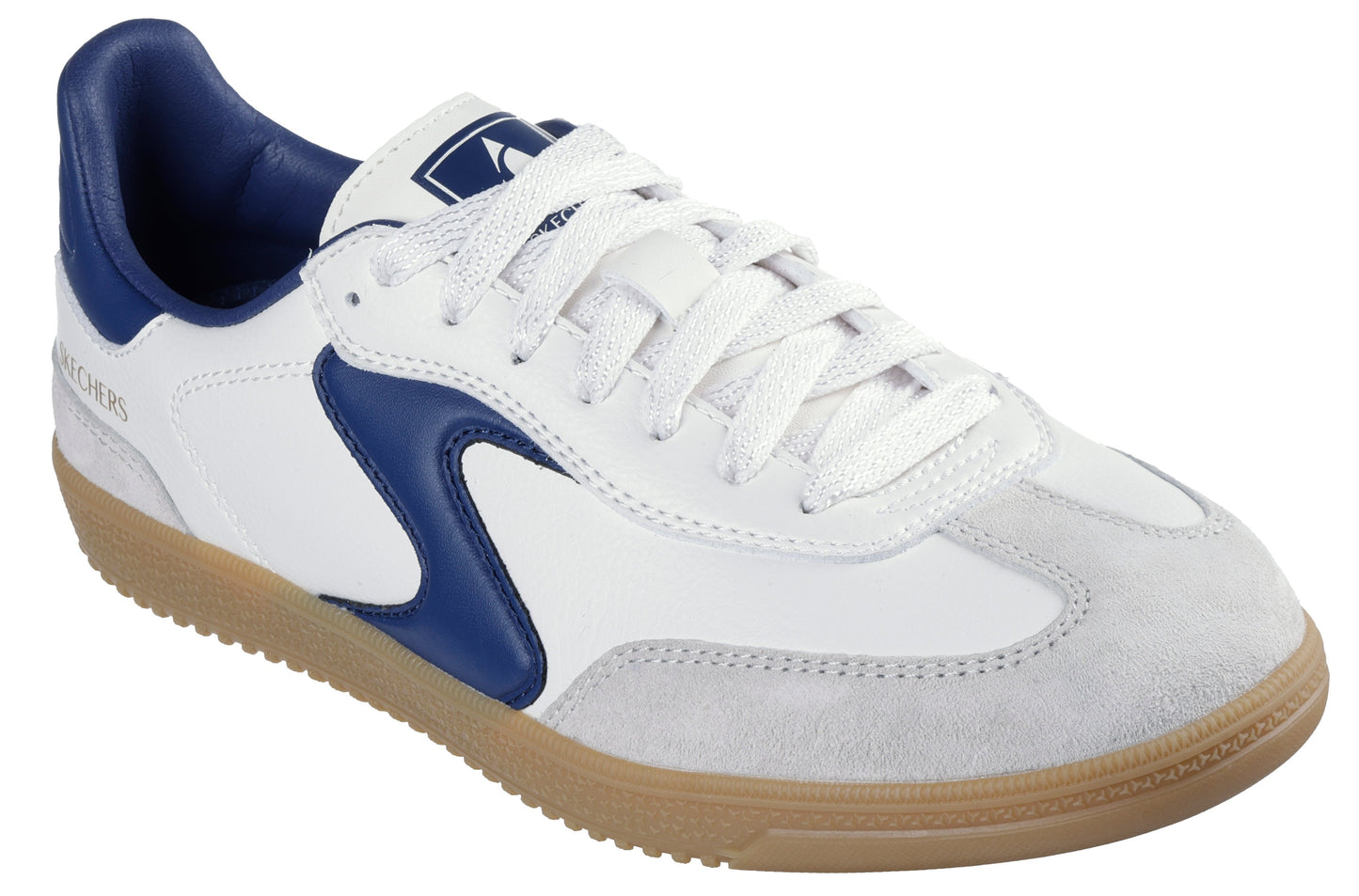 Low-cut sneaker with white leather upper, blue accents, grey suede toe and gum sole.