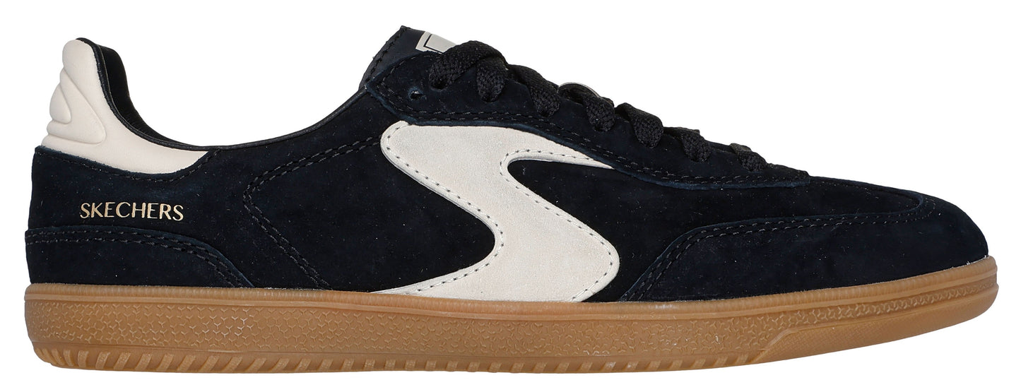 A navy-blue athletic shoe with light tan trim and a white S on the side.
