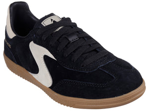 Low-cut black suede sneaker with white logo and gum sole.