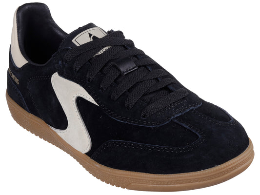 Low-cut black suede sneaker with white logo and gum sole.