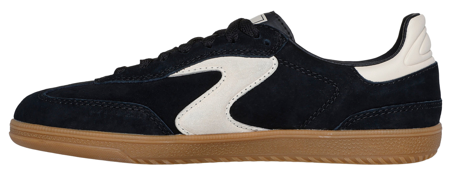 A low-cut black sneaker with a gum sole and a white accent.
