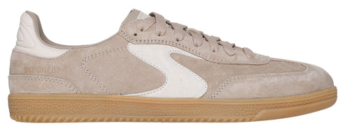 A beige suede sneaker with a gum sole and white accents.