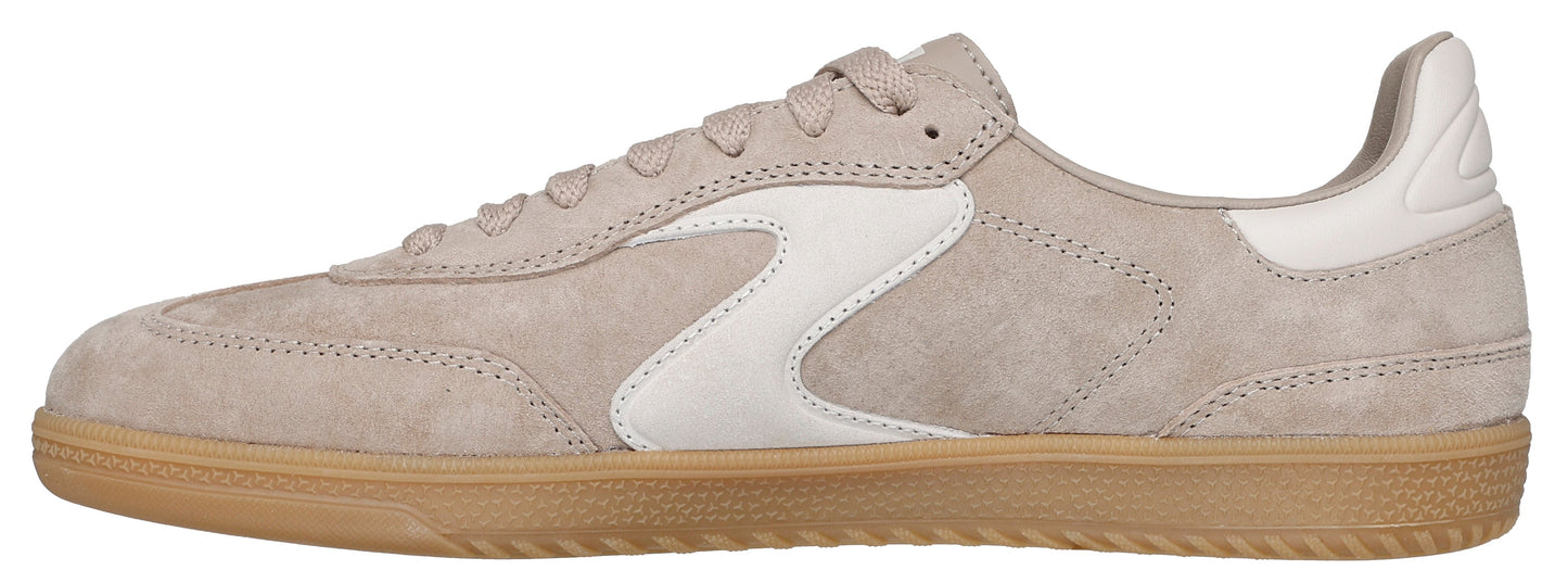 Beige low-top sneaker with a white side stripe and rubber sole.