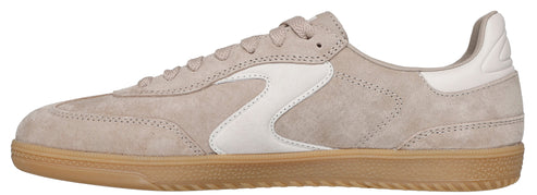 Beige low-top sneaker with a white side stripe and rubber sole.