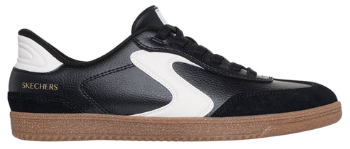 Black sneaker with a white S and a brown sole.