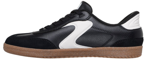 Black and white athletic shoe with brown sole.