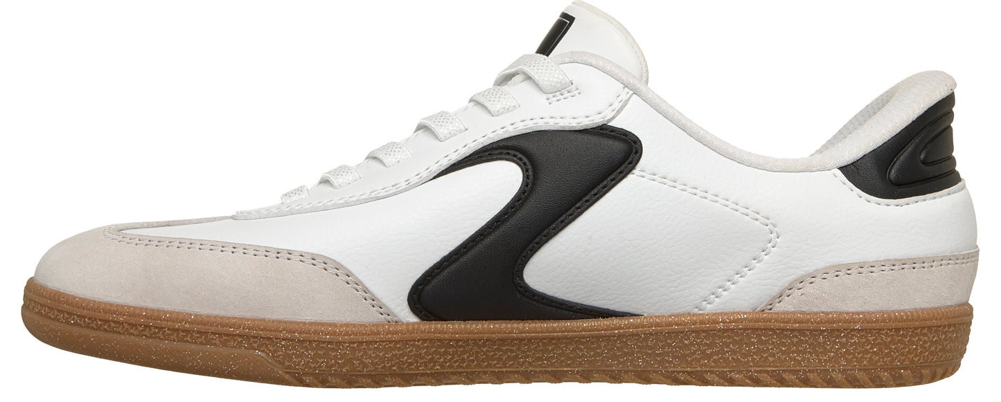 A white sneaker with a brown rubber sole and a black stripe.