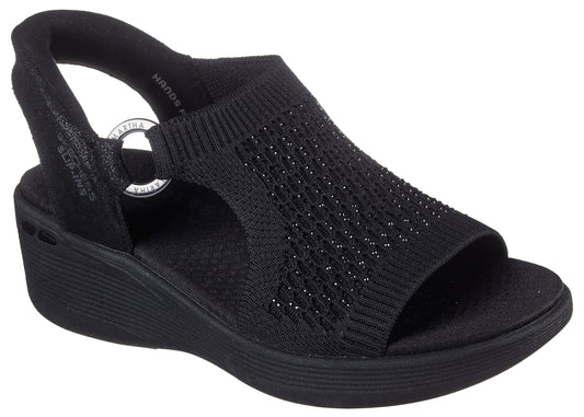 Black sandal wedge with a knit upper and slingback strap.