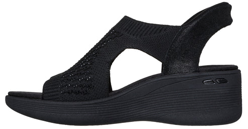 Black sandal with a textured knit front and a slingback heel.