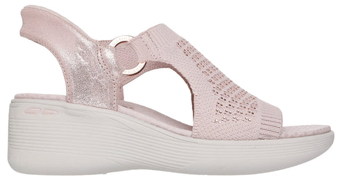 Pink knit sandal with adjustable ring and off-white platform sole.