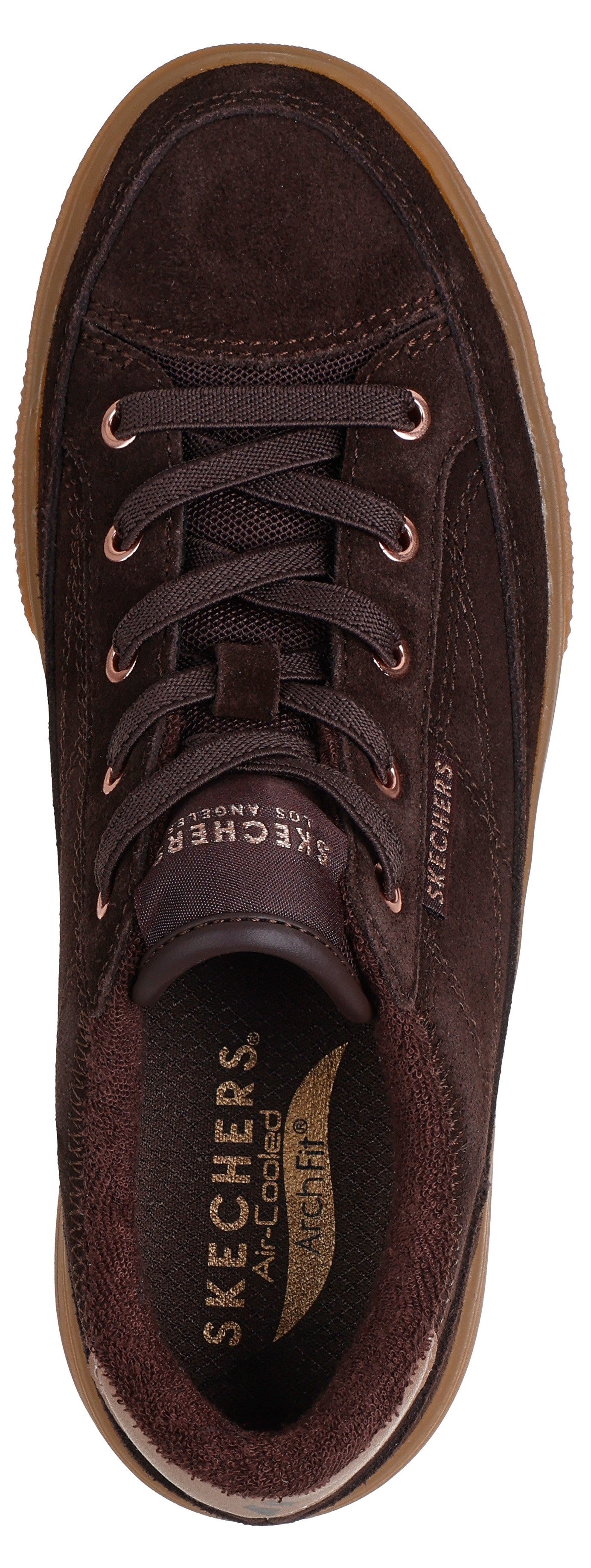 A top-down view of a dark brown suede lace-up sneaker with a light brown rubber sole, featuring SKECHERS Los Angeles branding on the tongue and SKECHERS Air-Cooled Arch Fit branding on the insole.