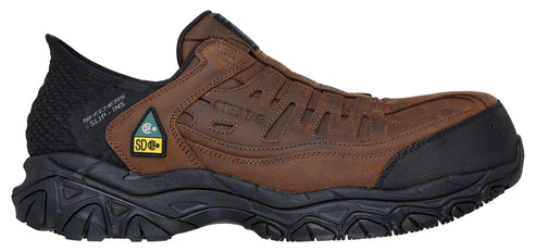 A brown slip-on shoe with a black heel and sole, with SD logo on the side.